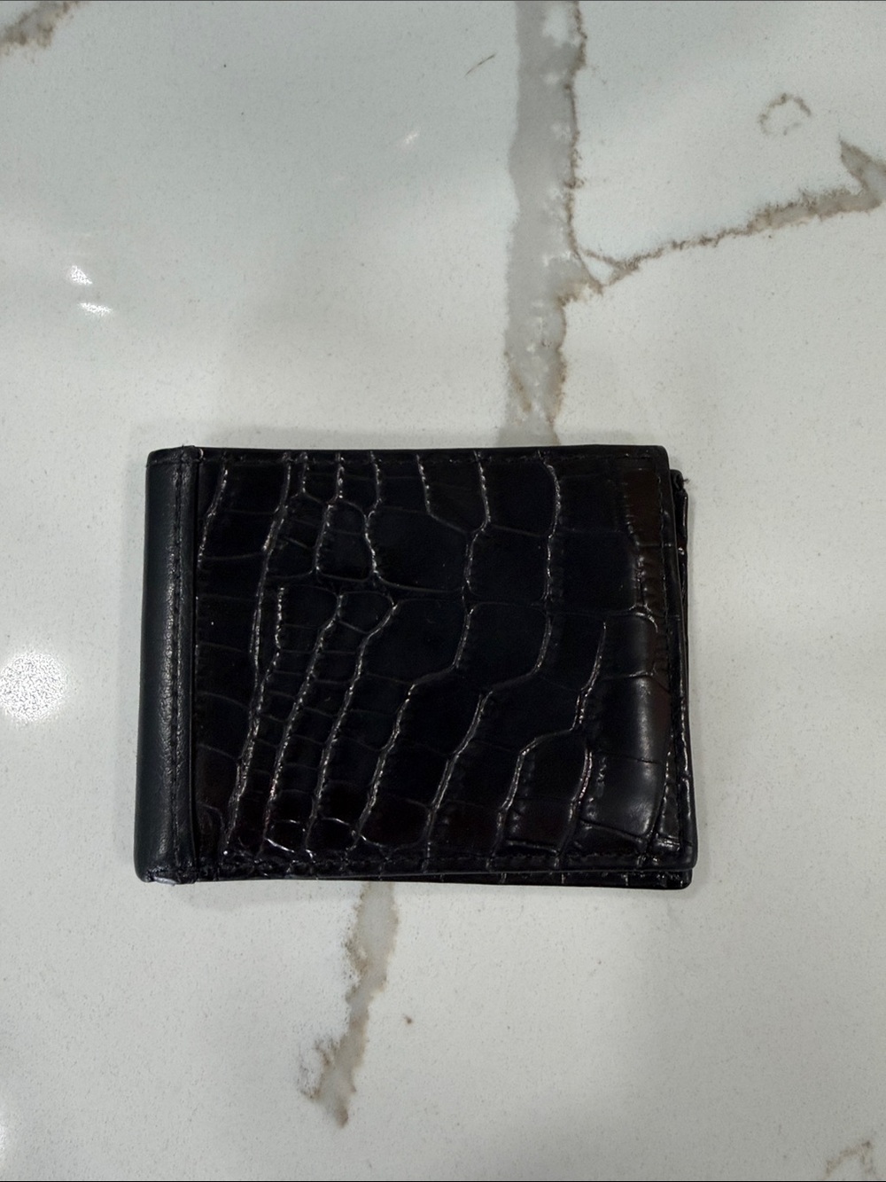 Neiman Marcus Black Croc-Embossed Leather Money Clip Wallet